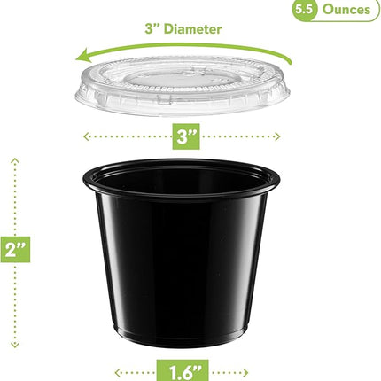 (5 oz - 100 Sets) Black Diposable Plastic Portion Cups With Lids, Small Mini Containers For Portion Controll, Jello Shots, Meal Prep, Sauce Cups, Slime, Condiments, Medicine, Disposable Souffle Cups