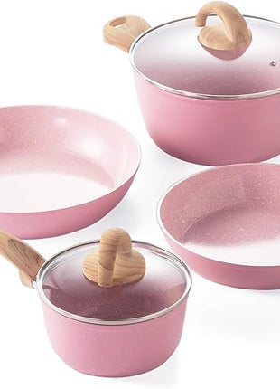 Pink Pots and Pans Set Non Stick, Ceramic Cookware Set with Granite Pattern Kitchen Cooking Sets Induction Pot and Pan w/Frying Pans, Saucepans, Casserole, Non-Toxic, PTFE/PFOA/PFOS-Free