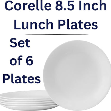 Corelle 8.5-Inch Lunch Plates, Set of 6, Lightweight Vitrelle Glass, Chip & Crack Resistant, Dishwasher & Microwave Safe, White