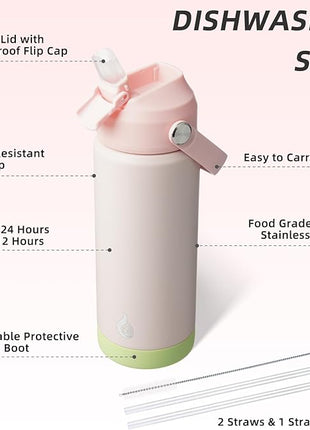 BJPKPK Insulated Water Bottle with Straw Lid, 18oz Thermo Water Bottles, Flex Handle & Non-slip Boot, BPA Free Leak Proof Stainless Steel Metal Thermo, Tumblers, Cups,Pearl Pink