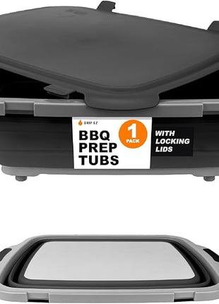 Drip EZ Collapsible BBQ Prep Tub - for Meal Prep Marinating Food Storage - Includes Cutting Board & Locking Lid - (1) XL - Black