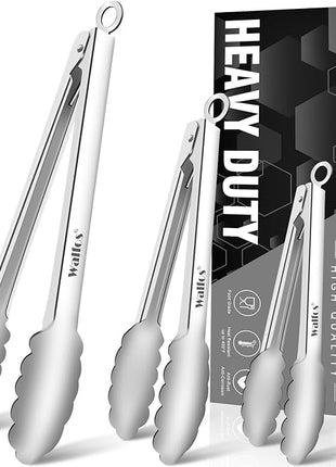 Walfos Kitchen Tongs for Cooking, 600℉ Heat Resistant Stainless Steel Tongs, All Metal Heavy Duty Tongs For Food ,BBQ Grilling - 7 ，9 and 12 Inch ,Set of 3