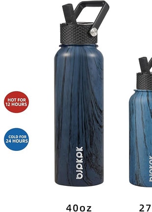 BJPKPK Insulated Water Bottles with Straw Lid, 27oz Stainless Steel Water Bottle with 3 Lids, Leak Proof BPA Free Metal Thermo, Mugs, Tumblers, Keep Cold Hot - Wood Prussian Blue