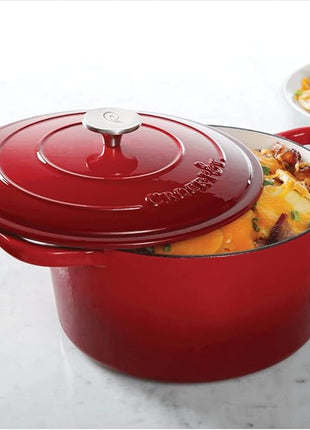 Crock-Pot Artisan 7-Quart Round Enameled Cast Iron Dutch Oven – Scarlet Red, Heavy-Duty Cookware for Slow Cooking, Baking, Roasting with Lid
