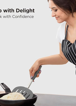 Kitchen Mama WaltzGrip Platinum Silicone Pancake Spatula Turner: Heat Resistant Flexible, Stainless Steel Core, Nonstick, Dishwasher Safe, Flipper – Ideal Kitchen Cookware Egg, Fish, Meat (Metal Gray)