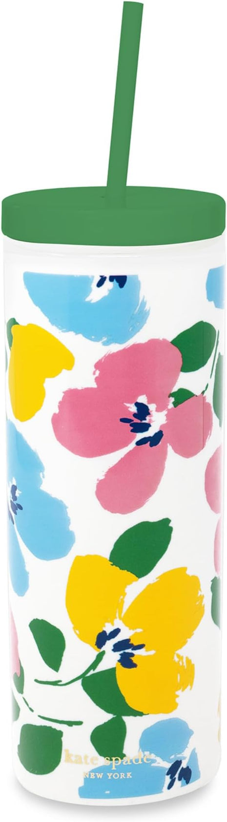 kate spade new york Acrylic Tumbler with Lid and Straw, 24 oz Tumbler, Slim Double Wall Tumbler (Painterly Bouquet)