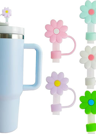 5 PCS Silicone Straw Covers Cap Compatible with Stanley 30&40 Oz Cup, 10mm Cute Flower Straw Toppers for Tumblers, Dust-Proof Drinking Straw Caps for Reusable Straws Tips Lids