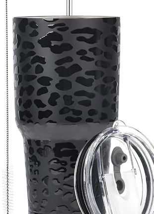 D·S 30oz Black Leopard Tumbler Stainless Steel Insulated Travel Mug with Straw Lid Cleaning Brush