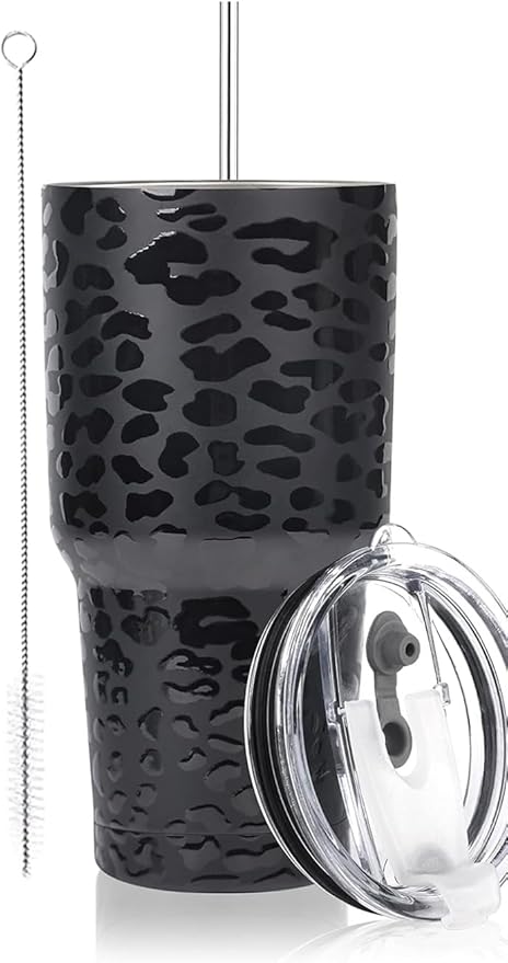 D·S 30oz Black Leopard Tumbler Stainless Steel Insulated Travel Mug with Straw Lid Cleaning Brush
