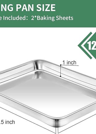 Baking Sheets Set of 2, HKJ Chef Cookie Sheets 2 Pieces & Stainless Steel Baking Pans & Toaster Oven Tray Pans, Rectangle Size 12.5Lx10Wx1H inch & Non Toxic & Healthy & Easy Clean