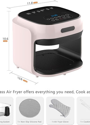 Glass Air Fryer, 7.6QT with Transparent Fry Bowl, Circulating Heating, Temperature Control, Air Fryer Roast, Dishwasher Safe (Pink)