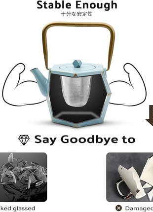Toptier Cast Iron Teapot, Stovetop Safe Japanese Cast Iron Tea Kettle, Diamond Design Tea Pot with Removable Infuser for Loose Tea, 30 Ounce (900 ml), Blue