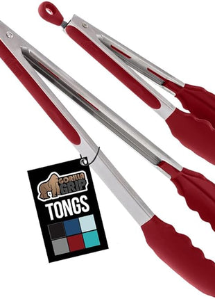 GORILLA GRIP Stainless Steel Heat Resistant Kitchen Tongs for Cooking, 9 + 12 Inch, Set of 2 BBQ Tong, Non Scratch Silicone Tip for Pan, Strong Grip, Grab Food, Toss Salad, Air Fryer, Pull Lock, Red