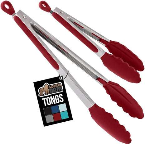 GORILLA GRIP Stainless Steel Heat Resistant Kitchen Tongs for Cooking, 9 + 12 Inch, Set of 2 BBQ Tong, Non Scratch Silicone Tip for Pan, Strong Grip, Grab Food, Toss Salad, Air Fryer, Pull Lock, Red