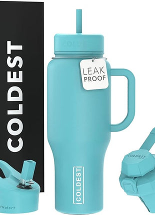 Coldest Tumbler with Handle and Straw - 100% Spill Proof Tumbler with Straw (3 Lids) - Stainless Steel Insulated Leakproof Tumblers for Women & Men - 36 oz (Turtly Green)