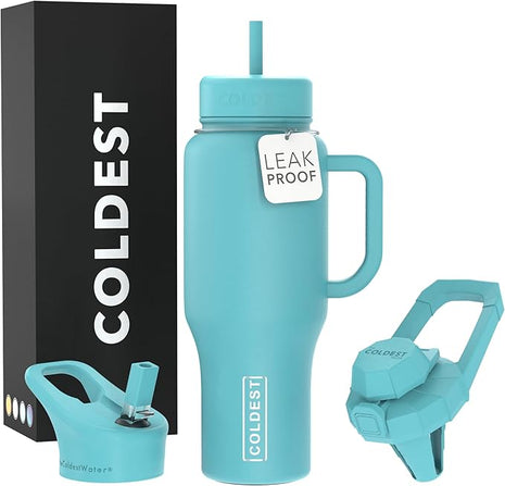 Coldest Tumbler with Handle and Straw - 100% Spill Proof Tumbler with Straw (3 Lids) - Stainless Steel Insulated Leakproof Tumblers for Women & Men - 36 oz (Turtly Green)