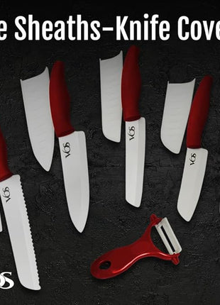 Vos Ceramic Knife with Peeler, Knives Set For Kitchen, Ultra Sharp Kitchen Knife Set with Covers, 4" 5" 6" 7" 8" Paring, Chef Knife, Santoku & 2 more, Lightweight, Dishwasher safe (Red)