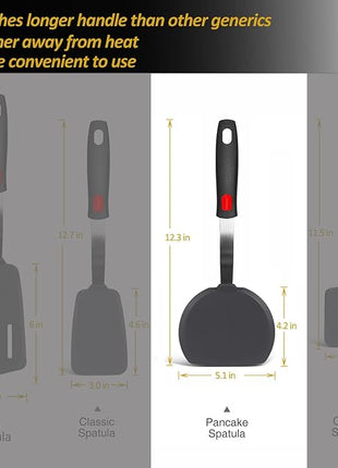 Silicone Pancake Spatula Turner with Lengthened Handle, Heat Resistant Cooking Spatulas for Nonstick Cookware, Large Flexible Kitchen Utensils BPA Free Rubber Flipper for Egg, Pancake, Fish, Burger