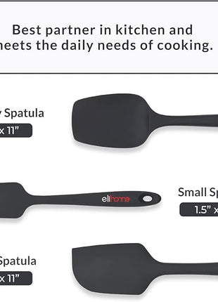 Elihome Chef Series 3 Piece Silicone Spatula Set - 600°F Heat Resistant Non Stick Rubber Kitchen Scraper Spatulas for Cooking, Baking, Mixing – BPA Free and LFGB Certified Silicone(Black)