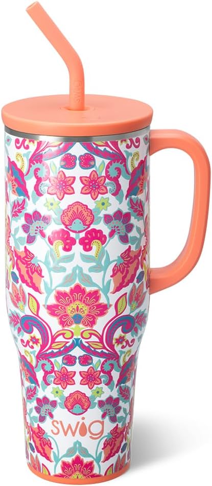 Swiglife 40oz Mega Mug, 40oz Tumbler with Handle and Straw, Extra Large Insulated Tumblers, Cup Holder Friendly Travel Mug (Flourish)