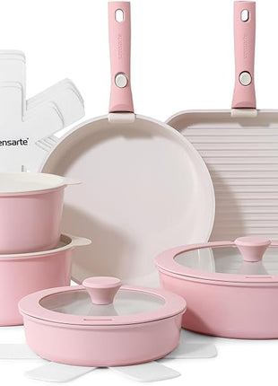 SENSARTE 17 Piece Ceramic Pots and Pans Set, Nonstick Detachable Handle Cookware, Induction Kitchen Cookware Set with Removable Handle, Dishwasher ＆ Oven Safe (Pink)