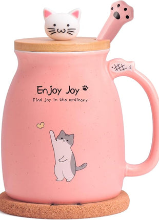 Cute Cat Cup Ceramic Coffee Mug with Kawaii Cat Wooden Lid, Lovely Stainless Steel Spoon, Anime Kitty Thicken Wooden Coaster, Christmas Birthday Cute Thing Japanese Mug 16oz (Pink)