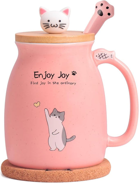 Cute Cat Cup Ceramic Coffee Mug with Kawaii Cat Wooden Lid, Lovely Stainless Steel Spoon, Anime Kitty Thicken Wooden Coaster, Christmas Birthday Cute Thing Japanese Mug 16oz (Pink)