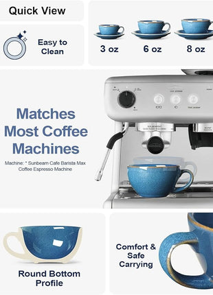 LE TAUCI 6 oz Cappuccino Cups with Saucers, Ceramic Coffee Cup for Au Lait, Double shot, Latte, Cafe Mocha, Tea - Set of 4, Ceylon Blue