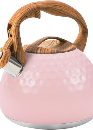 Whistling Tea Kettle,3.2Qt Stainless Steel Stove Kettle, Food Grade Teapot with Wood Pattern Handle for Coffee, Milk etc, Gas Electric Applicable (Pink)