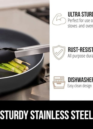 GORILLA GRIP Stainless Steel Heat Resistant Kitchen Tongs for Cooking, 7 + 9 + 12 Inch Set of 3 BBQ Tong, Non Scratch Silicone Tip for Pans, Strong Grip, Grab Food, Salad, Pull Lock, Black Gray Blue