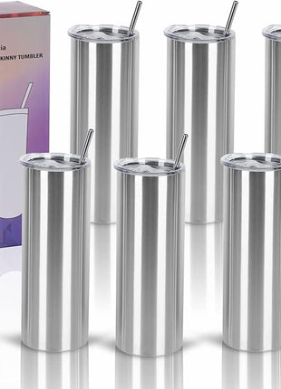 6 Pack 20 Oz Straight Skinny Tumblers,Individually Gift Boxed Stainless Steel Slim Skinny Tumbler Set Bulk, 20 Oz Insulated Slim Thin Travel Tumbler Cup for Diy, Silver