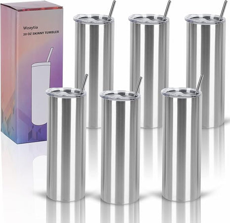 6 Pack 20 Oz Straight Skinny Tumblers,Individually Gift Boxed Stainless Steel Slim Skinny Tumbler Set Bulk, 20 Oz Insulated Slim Thin Travel Tumbler Cup for Diy, Silver