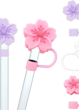 Silicone Straw Caps for 10mm Tumblers | Reusable Dust-Proof Straw Toppers Compatible with Stanley 30oz & 40oz Tumblers (Purple Flower 3pc)