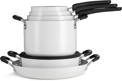 Tramontina Ceramic Non Stick 11-Piece Nesting Pots and Pans Set with Lids - Stackable Nonstick Cookware Set, Dishwasher and Oven Safe, White