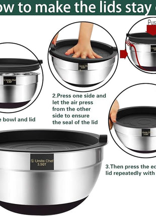 Umite Chef Mixing Bowls with Airtight Lids，6 piece Stainless Steel Metal Nesting Storage Bowls, Non-Slip Bottoms Size 7, 3.5, 2.5, 2.0,1.5, 1QT, Great for Mixing & Serving(Black)