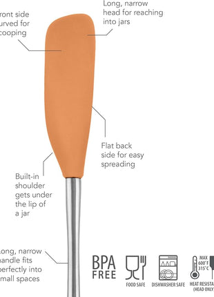 Tovolo Jar Spatula Silicone Long Stainless Steel Handle Scraper Spatula Apricot Orange, Jar Scraper Heat Resistant Dishwasher Safe BPA Free Kitchen Utensil for Scraping Spreading Jelly Peanut Butter