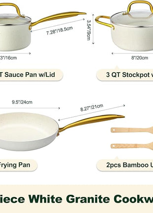 Pots and Pans Set Non Stick, 7 Piece White Granite Induction Cookware Set, Nonstick Kitchen Cooking Set with Gold Handle and Utensil, Oven Safe (PFOS, PFOA Free)