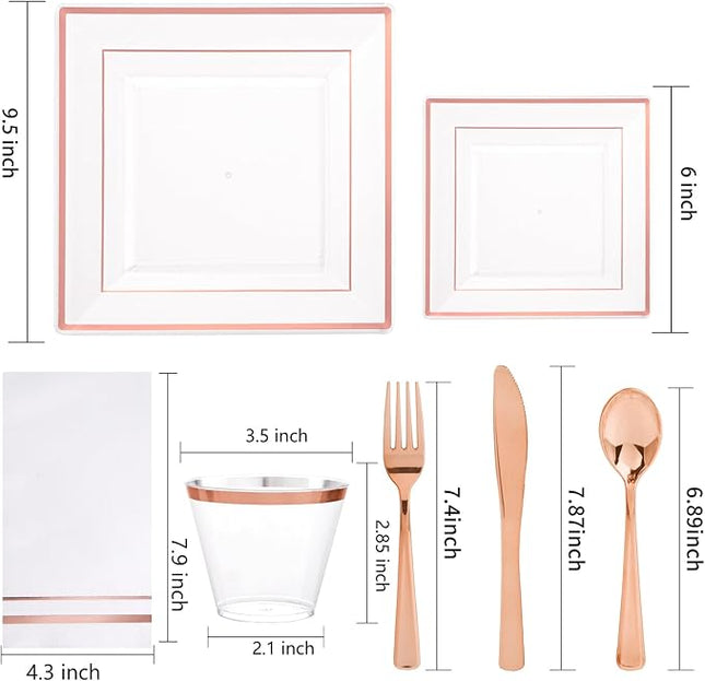 Festiva 350Pcs Rose Gold Plastic Plates - Clear Rose Gold Disposable Dinnerware Sets for 50Guests include 100 Plates 50 Cups 50Plastic Cutlery 50Napkins for Party&Wedding& Valentine's Day