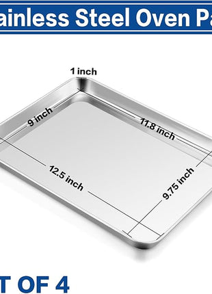 P&P CHEF 12.5 Inch Baking Cookie Sheet, Oven Pan Tray Stainless Steel Sheet Pan for Kitchen, Oven Bakeware for Multi Uses, Shiny Look & Dishwasher Safe, Healthy & Heavy Duty, 4Pcs