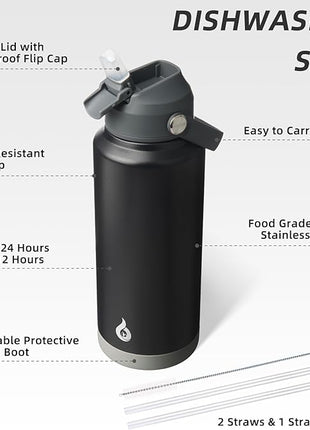 BJPKPK Water Bottle with Straw Lid, 32oz Vacuum Insulated Water Bottles, Metal Stainless Steel Thermo for Sports, Travel, BPA Free Leak Proof Thermo, Cups, Flasks, Tumblers,Black