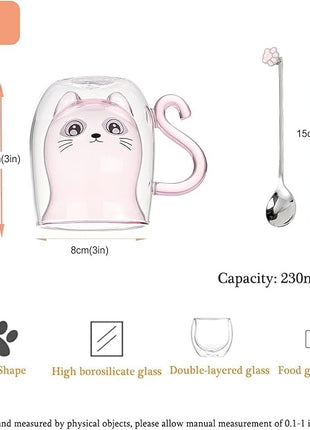 Cute Mugs Glasses Double Wall Insulated Glasses Espresso Cup, Coffee Cup, Tea Cup, Milk Cup, Best Gift for Office and Personal Birthday, Pink Cat