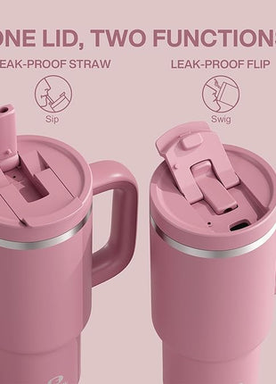 ENCOOL 32 oz Tumbler with Handle and Straw: Stainless Steel Insulated Tumbler Keeps Cold for 24 Hours, Leakproof Travel Cup Fits in Cup Holder and BPA-Free,Turkish Rose