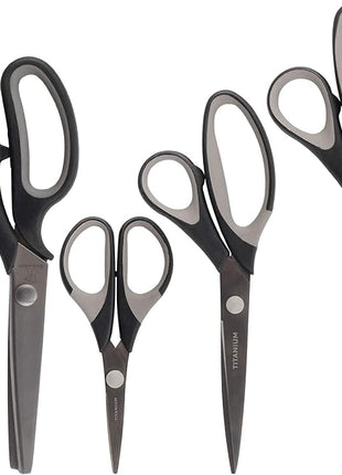 BambooMN Titanium Softgrip Scissors Set - Pinking, Sewing, Arts, Crafts, Office - 30 Sets of 4 - Black w/Grey