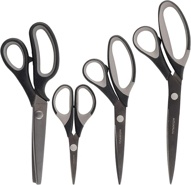 BambooMN Titanium Softgrip Scissors Set - Pinking, Sewing, Arts, Crafts, Office - 30 Sets of 4 - Black w/Grey
