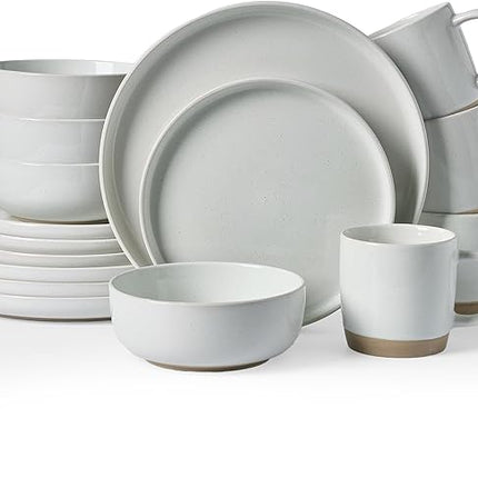 Famiware Milkyway Stoneware Dinnerware Sets with Mugs, Service for 4 (16pcs), Plates and Bowls Sets, Scratch Resistant, Microwave and Dishwasher Safe Dishes Set, Light Gray