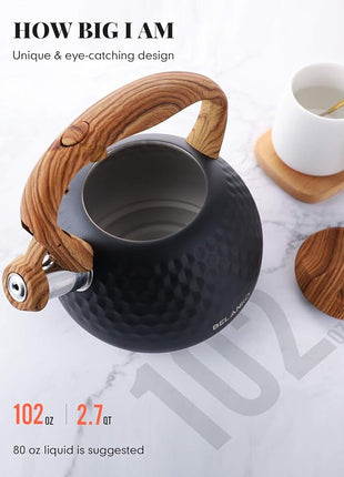 BELANKO 2.7 Quart Tea Kettle for Stovetop - Food Grade Stainless Steel with Diamond Texture, Designer Teapot Look, Cool-Touch Wood Pattern Handle, Whistling Spout - Matte Black