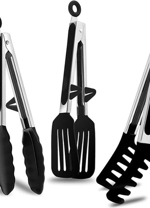 Kitchen Tongs, 9 Inch Tongs for Cooking with Silicone Tips, Food Grade Small Silicone Tong, Mini Serving Tongs for Nonstick Pans, BBQ, Salad, Set of 3, Black