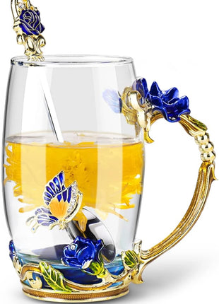 OEAGO Gifts for Mom Women Mothers Day Glass Coffee Enamels Mug Best Birthday Butterfly Rose Gifts for Her from Daughter Son Lead-Free Christmas Blue Tea Cup with Spoon Set