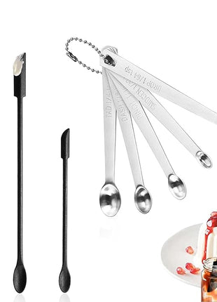 8 Pcs Mini Silicone Spatula Mini Measuring Spoons Set, Reusable Double-ended Tiny Silicone Spoon Spatula and Stainless Steel Small Measuring Spoons for Kitchen Cooking Spice Jars Bottle (Black)