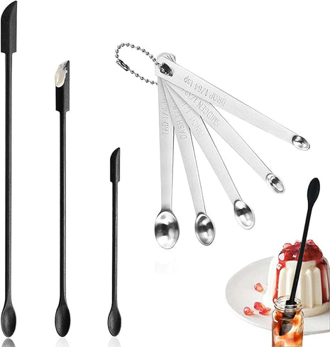 8 Pcs Mini Silicone Spatula Mini Measuring Spoons Set, Reusable Double-ended Tiny Silicone Spoon Spatula and Stainless Steel Small Measuring Spoons for Kitchen Cooking Spice Jars Bottle (Black)